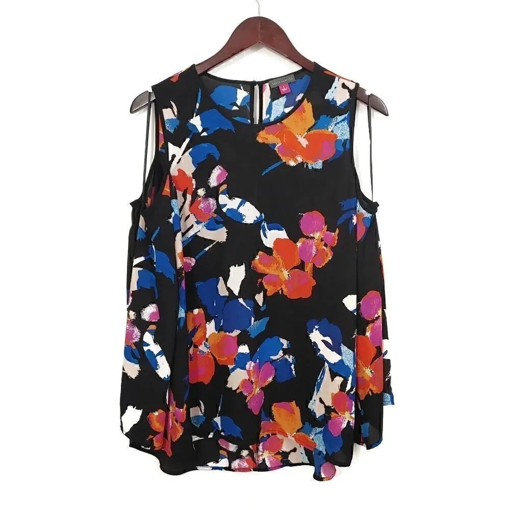 New Vince Top Bell Sleeve Cold Shoulder Floral Size Small Black